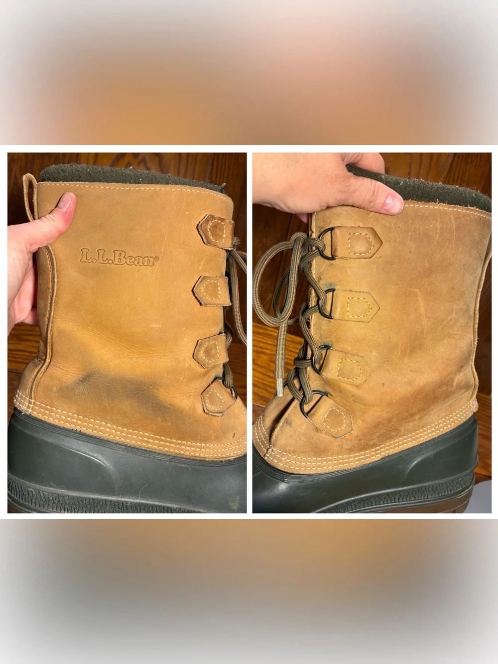 L.L. Bean Duck Snow Boots Removable Liners Brown Leather Green Rubber Men’s 11